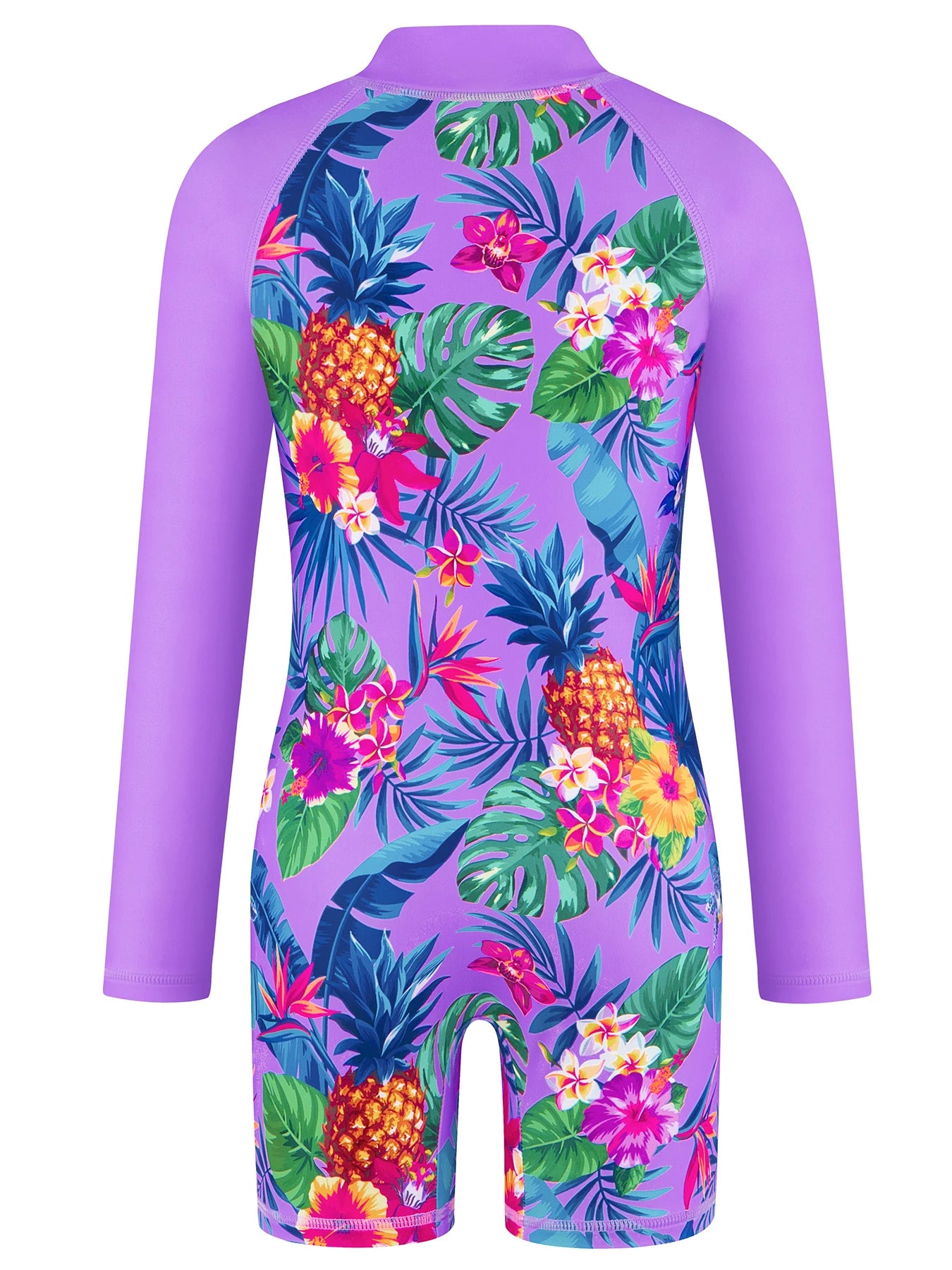 Long-Sleeved Purple Kids Girls One-Piece Tropical Plants Print Boyleg Rash Guard Beach Swimming Suit