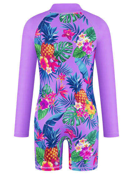 Long-Sleeved Purple Kids Girls One-Piece Tropical Plants Print Boyleg Rash Guard Beach Swimming Suit