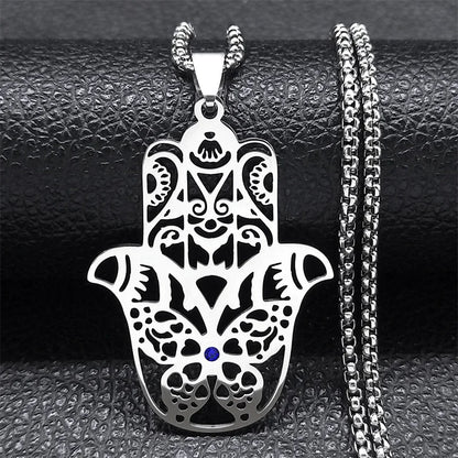 Hollow Fatima Hamsa Stainless Steel Gold Color Luck Hand Palm Blue Turkey Eye Pendants Necklace