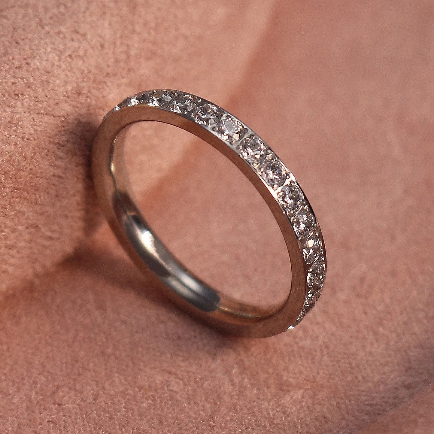 2mm Women 18k gold plated Stainless Steel Crystal CZ Eternity Wedding Ring Gifts