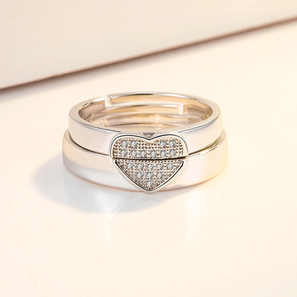 Unisex 925 Sterling Silver Bridal Wedding Splicing Heart Crystal Zircon Couple Rings