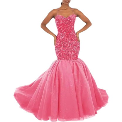 Sparkly Sequin Prom Women Long Tulle Halter Ball Gown Sleeveless Mermaid Formal Evening Party Dress