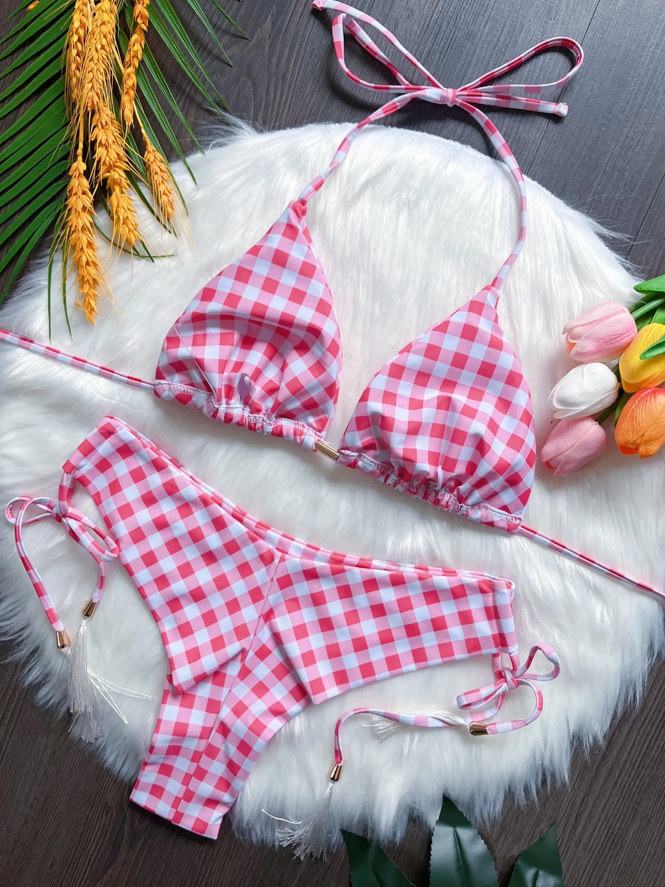 Sexy Lattice Print Bandage Bikini Swimsuit Two-piece Triangle Swimwear Bathing Brazilian Suit