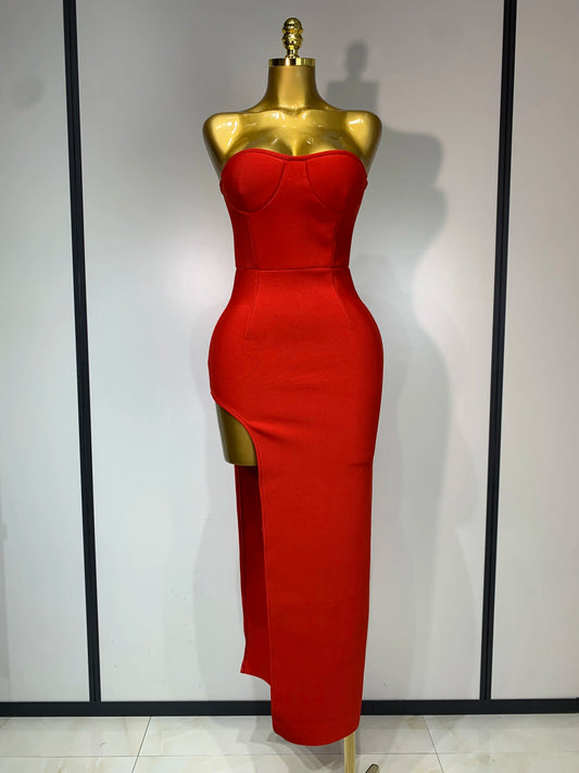 Elegant Strapless High Split Long Prom Bandage Backless Evening Party Dress