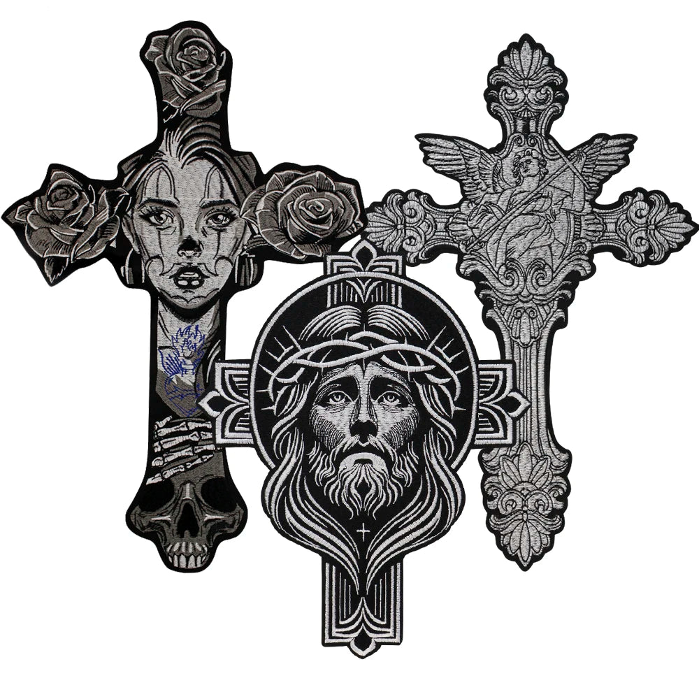 Big Cross Skull Gothic Punk Rock Iron on Patches Embroidered Crown Skull Patch Clothes Sewing Stickers