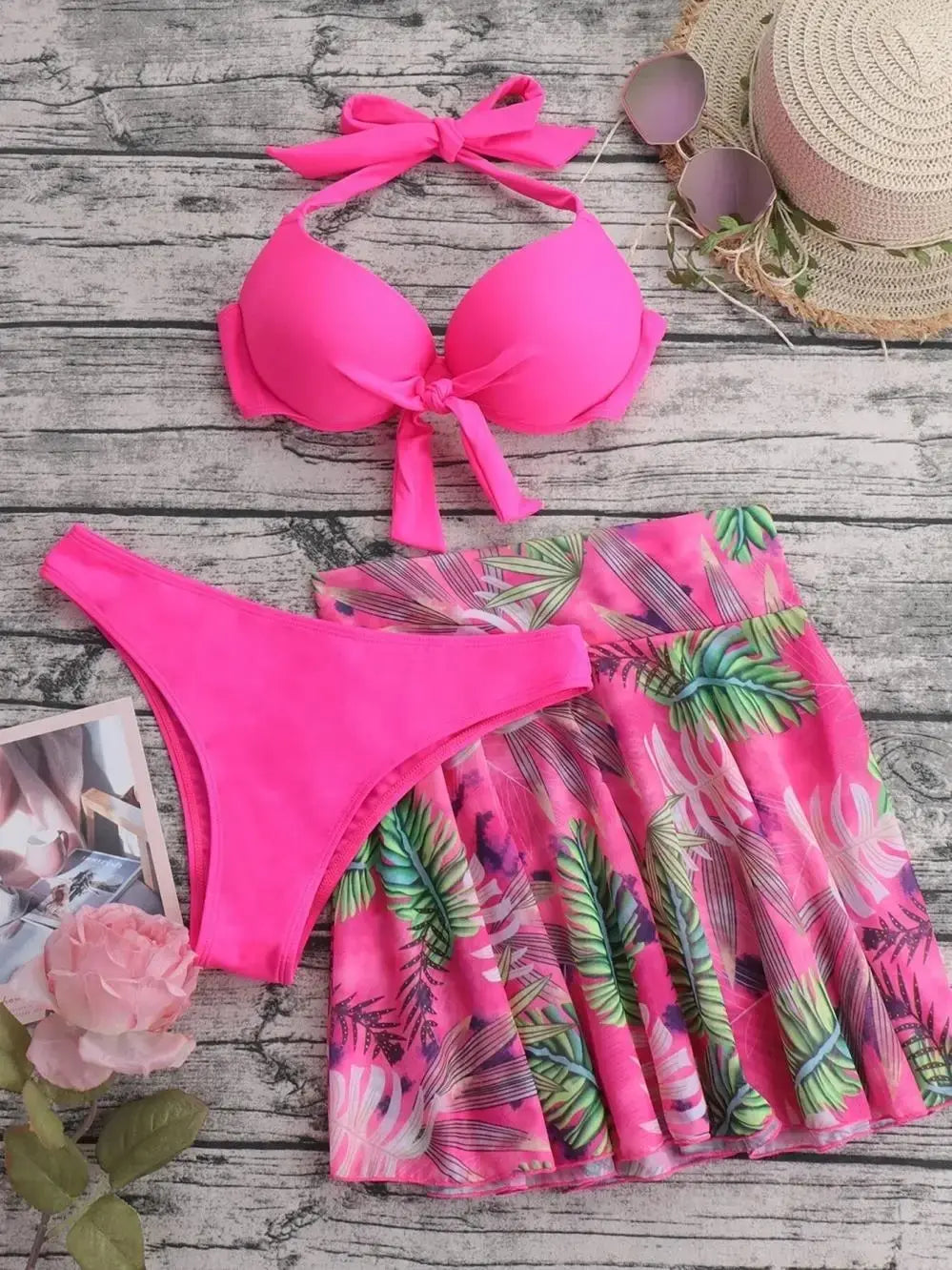 3pcs Tropical Bikini Halter Push Up Swimsuit + Beach Shirt Swimwear Women Bathing Swimming Suit