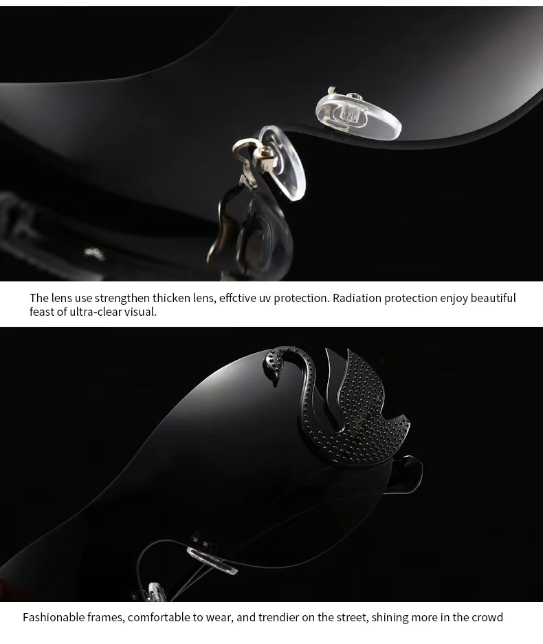 Y2k Women Fashion Swan Inlay Gradient Lens Shades Oversized Rimless Sunglasses Glasses