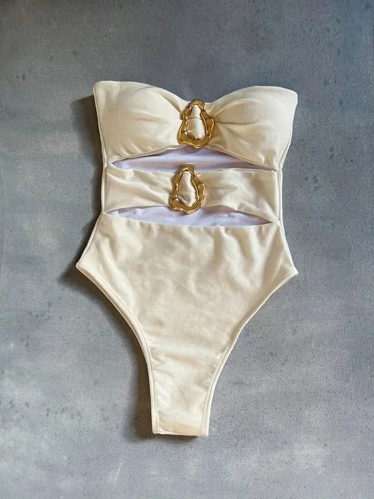 Sexy Metal Rings Cut Out Swimwear One Piece Swimsuit Bandeau High Leg Cut Bather Bathing Suit