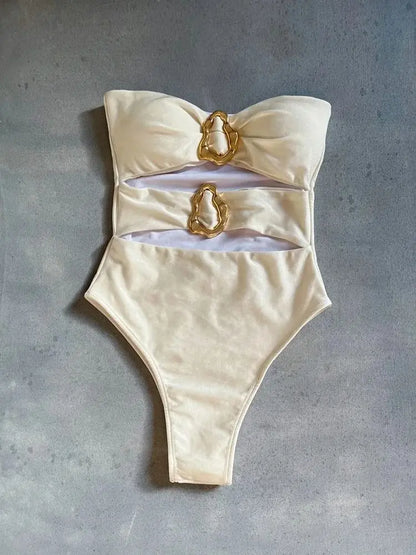Sexy Metal Rings Cut Out Swimwear One Piece Swimsuit Bandeau High Leg Cut Bather Bathing Suit
