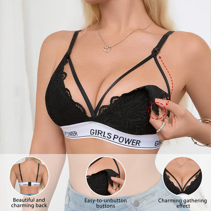 Women Letter Print Lace Wireless Breastfeeding Easy Open Buckle Push Up Maternity Nursing Bra