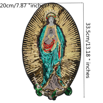 Large Sequins cross rose Blessed Virgin Mary Goddess Embroidery Patches for Clothes DIY sew Stripes Applique