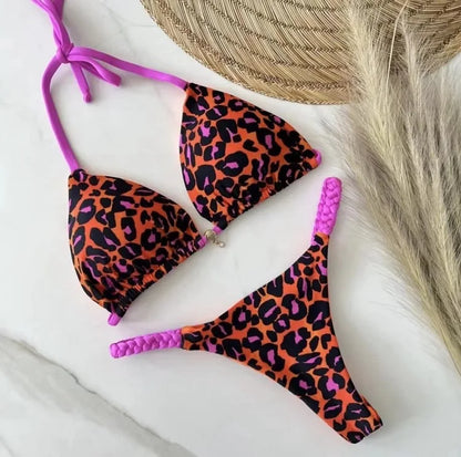 Sexy Women Braided Rope Micro Bikini Swimsuit Leopard Print Brazilian Bathing Suit