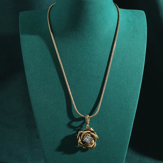 Vintage Rose Flower Square Cubic Zircon Antique Gold Color Multi-Layer Pendant Necklace