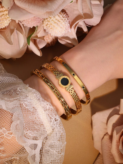 Stainless Steel Zircon Roman Numeral Chain Design Women Bracelet Bangle
