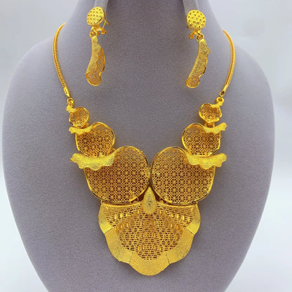 Indian 24K Gold Plated Women African Dubai Bridal Wedding Necklace Earrings Jewelry Set