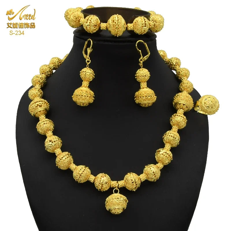 Fashion Indian 24K Gold Color Women African Wedding Dubai Necklace Earrings Bracelet Ring Jewelry Set