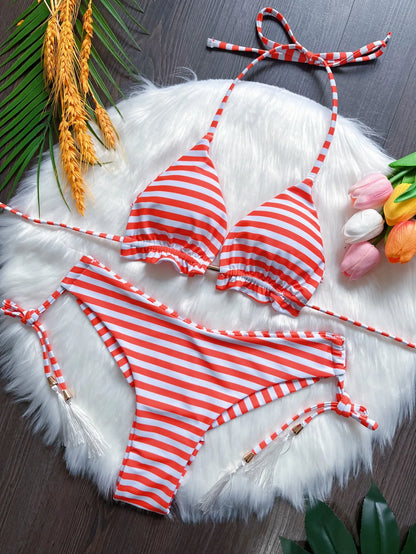 Sexy print bikini swimsuit split straps tassels 2-piece summer beach swimsuit Suit