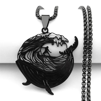 Whale Surf Riding Women Men Stainless Steel Gold Color Chain Necklace Pendant