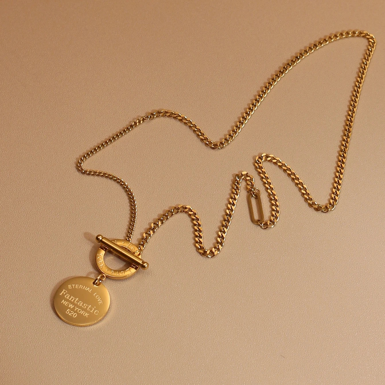 FOREVER LOVE Roman Numeral Round Stainless Steel 18K Gold Pated Women's Pendant Necklace