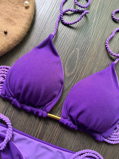 Sexy Solid Color Braiding Rope Bikini Swimsuit Two-piece Triangle Swimwear Bathing Brazilian Suits