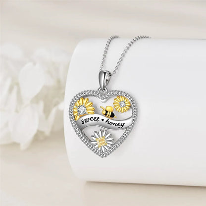 Women Fashionable Elegant Heart Shaped Bee Sunflower Pendant Necklace