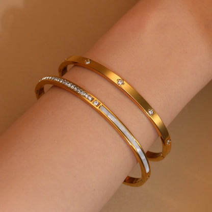 4mm Women's Stainless Steel Crystal Shell Design 18K Gold Plated 2-in-1 Bracelet Bangle