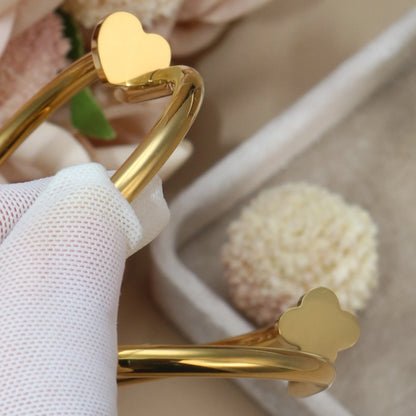 Women Heart Shaped Zircon Stainless Steel Gold Color 2-in-1 Bangles Bracelet Jewelry