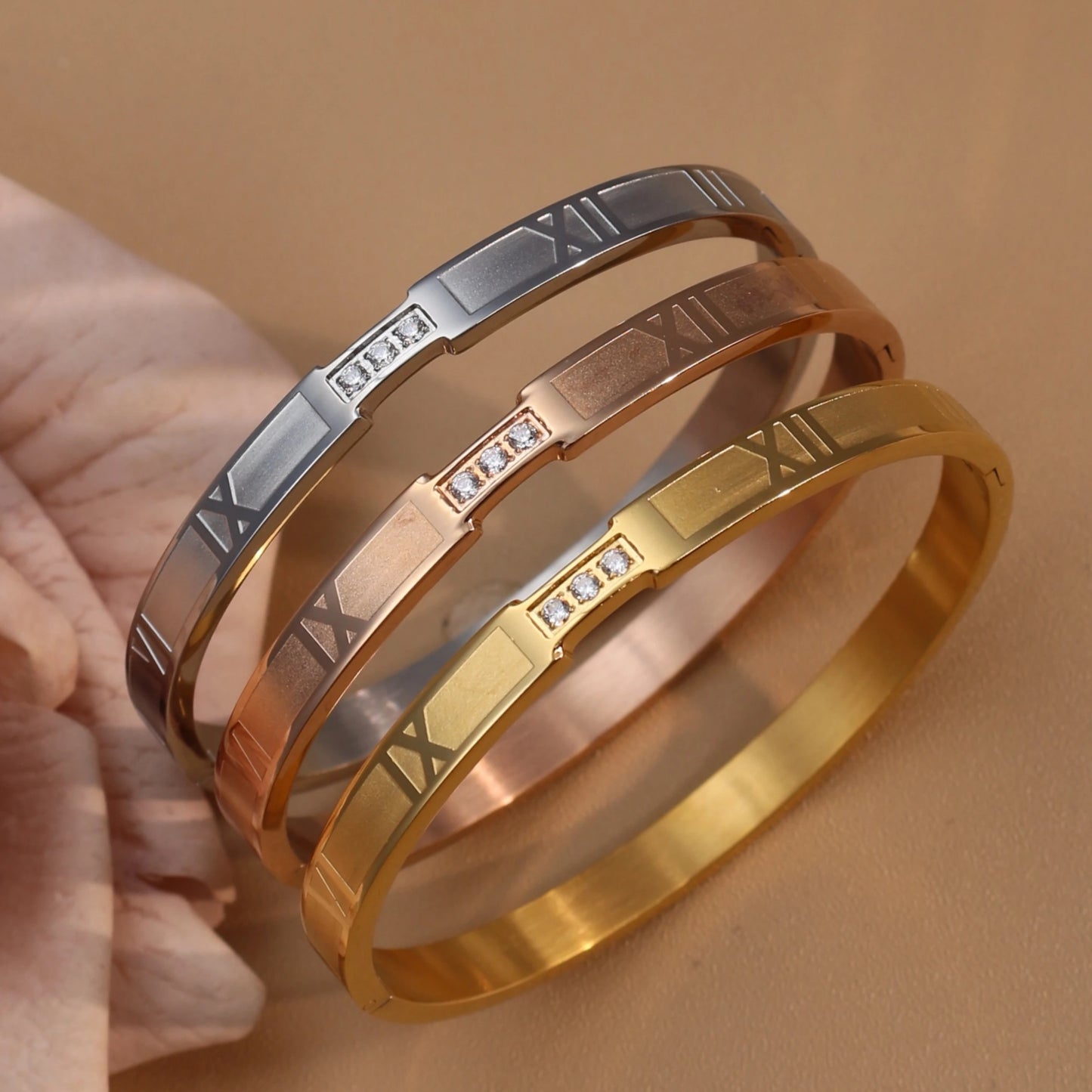 Women Zircon Roman Numeral Stainless Steel Plated 18K Gold Bracelet