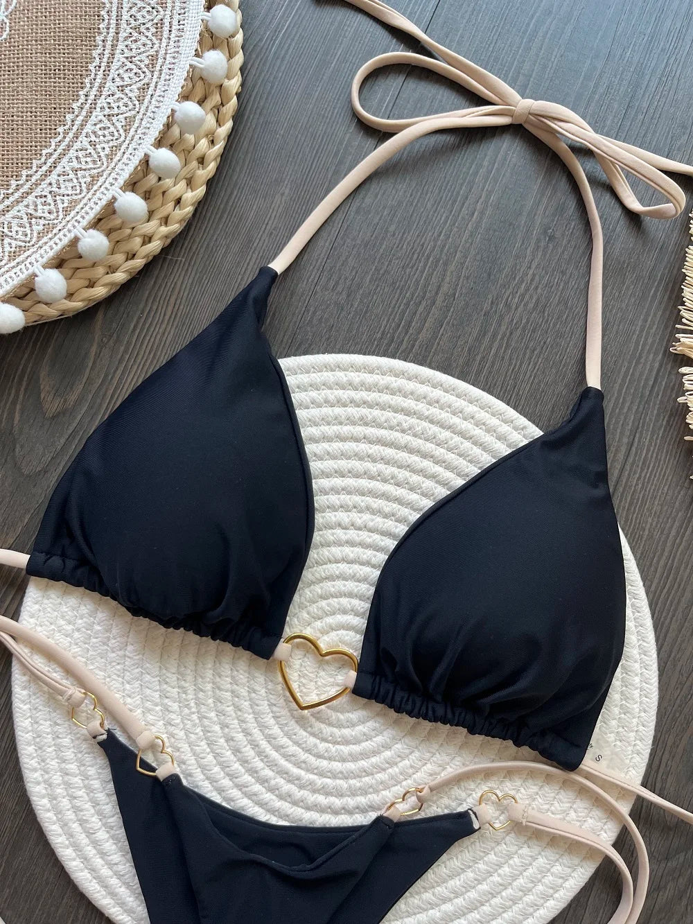 Solid Color Bikini Low Waist Lace-up Fashionable Swimsuit Two-piece Suit