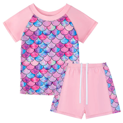 2pcs Kids Girls Short Sleeve Tops Swim Shorts Scale Print Patchwork Beach Bathing Swimwear