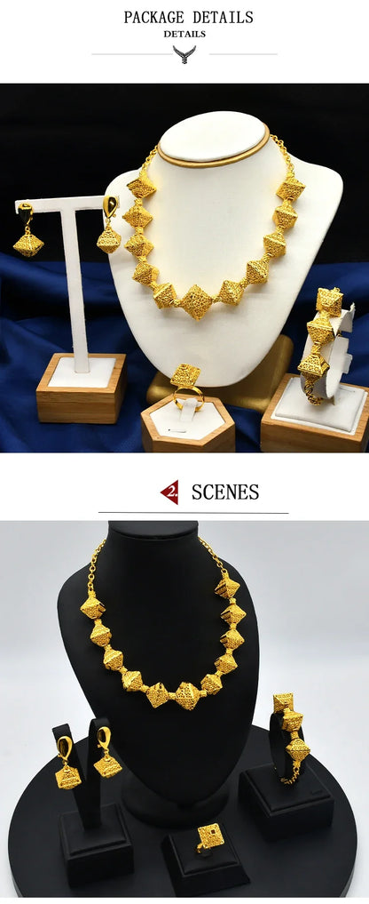 Fashion Indian 24K Gold Color Women African Wedding Dubai Necklace Earrings Bracelet Ring Jewelry Set