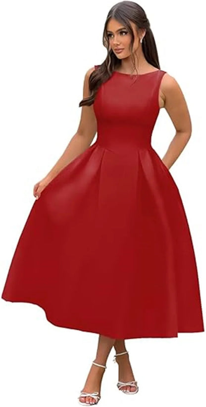 Simple Elegant O-Neck Satin Midi Prom Tea Length Backless A Line Formal Evening Party Bridal Dress w/ Pockets