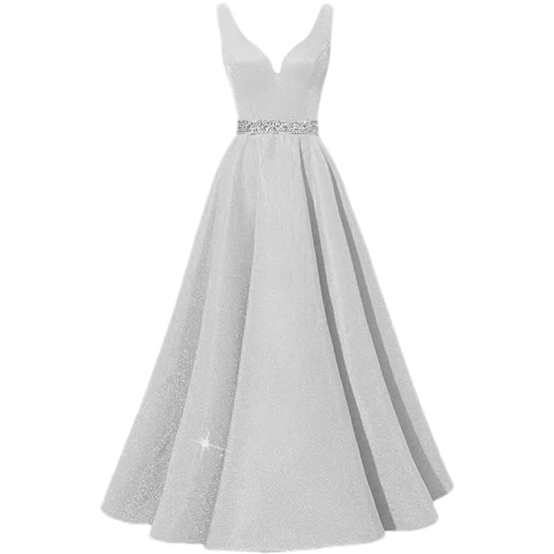 Women Glitter Satin Prom Long Corset V-Neck Beaded Belt Formal Evening Party Dress w/ Pockets