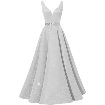 Women Glitter Satin Prom Long Corset V-Neck Beaded Belt Formal Evening Party Dress w/ Pockets