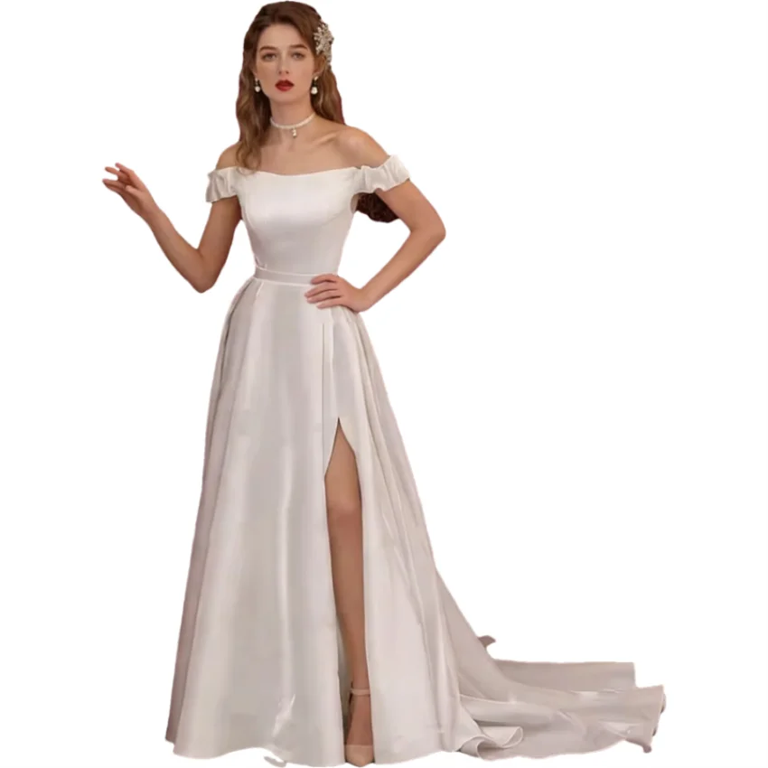 Elegant White Long Off The Shoulder Satin A-line Slit Bridal Gown Lace Up Wedding Dress