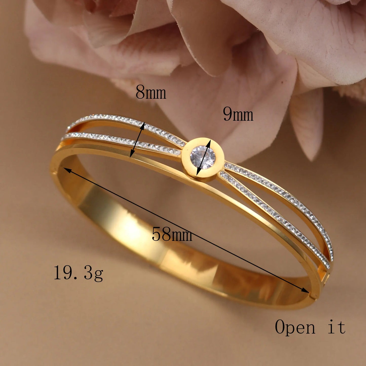 Women Stainless Steel Cross Small Zircon Round Charm Crystal Bangle Bracelet