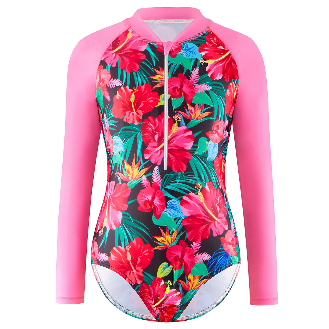 Girls Kids One Piece Long Sleeve Floral Print Bikini Cut Bottom Swimwear Beach Swim