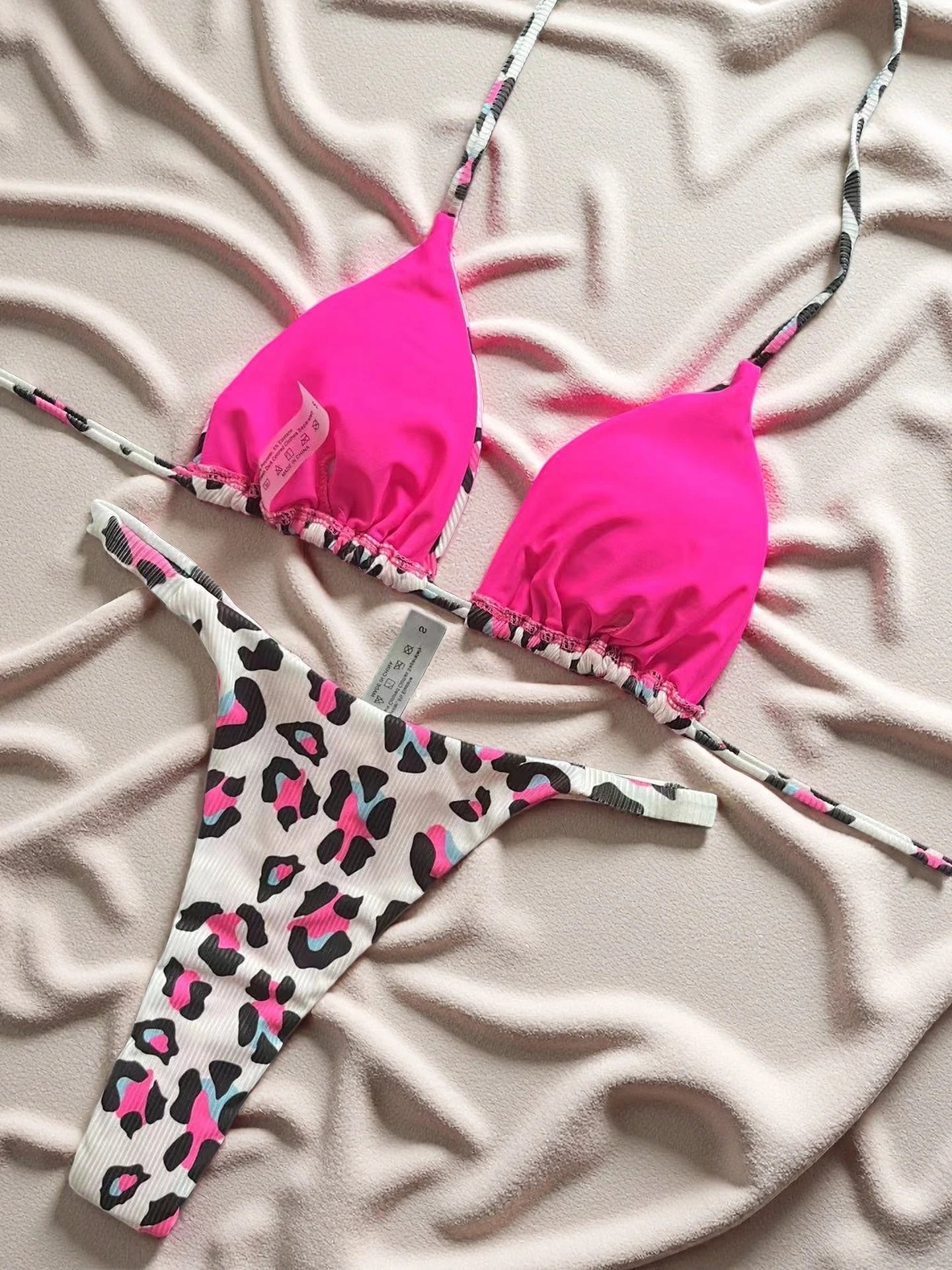 Sexy Leopard Halter Low Waist Lace-Up Two-Piece Triangle Thong Swimwear Brazilian Side-Tie Bikini Suit