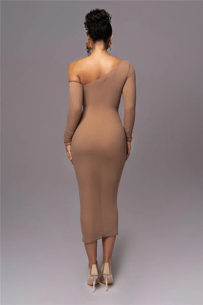 Sexy Diagonal Collar Long Sleeve Midi Two Layer Mesh Backless Ruched Bodycon Club Party Maxi Dress