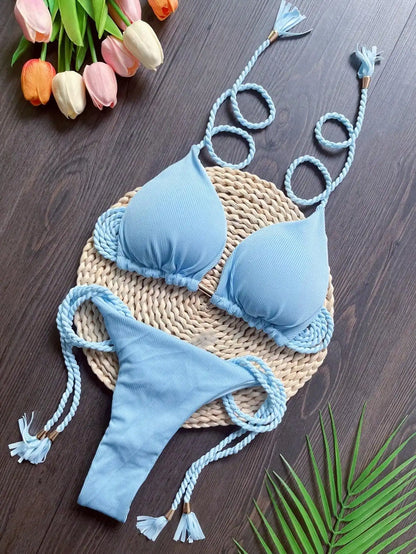 Women Swimsuit Braiding Rope Bikini Set Two-piece Triangle Solid Swimwear Bathing Suit Brazilian