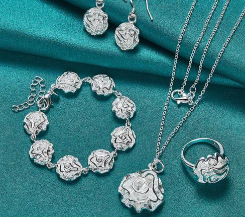4pcs Women 925 Sterling Silver Rose Flower Wedding Engagement Necklace Bracelet Earring Ring Sets