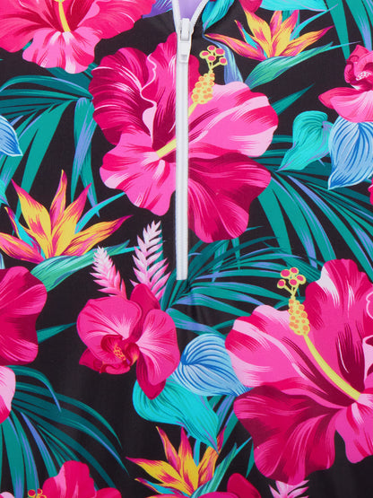 Girls Kids One Piece Long Sleeve Floral Print Bikini Cut Bottom Swimwear Beach Swim