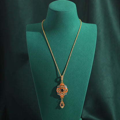 Women Hollowed Out Carvings Oval Enamel Dubai Gold Color Petal Pendant Necklace Earrings Rings