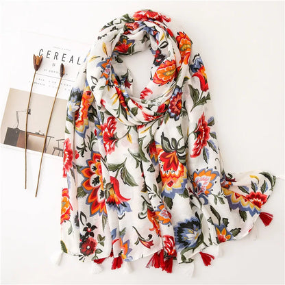 Women Fashion Large Cotton Flower Designs Tassel Prints Scarves Wrap Shawl Scarf