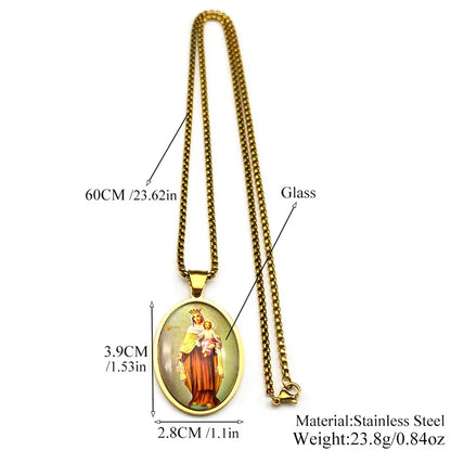 Women Men Stainless Steel Gold Color Catholic Amulet Virgin Mary Hold Baby Jesus Glass Medal Pendant Necklace