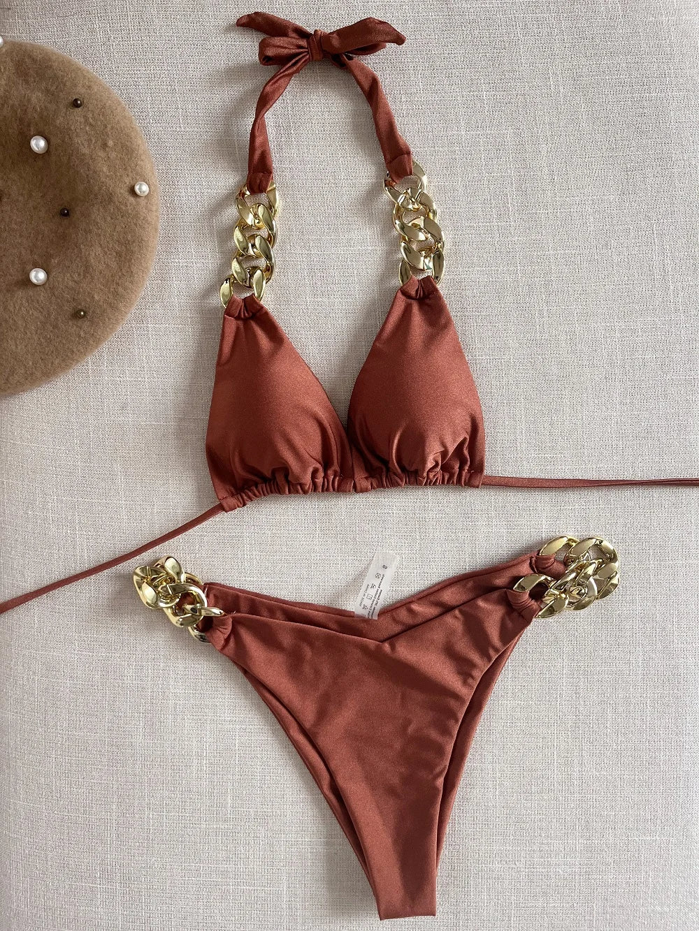 Sexy Triangle Solid Color Chain Decor Split Bikini Beachwear Brazilian Swimwear Bathing Suit