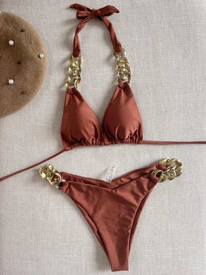 Sexy Triangle Solid Color Chain Decor Split Bikini Beachwear Brazilian Swimwear Bathing Suit