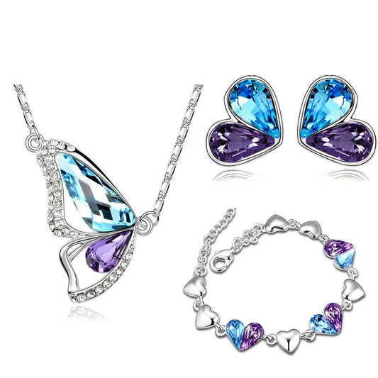 Women Fashion Crystal Butterfly Dragonfly Pendant Necklace Earrings Charm Bracelet Sets