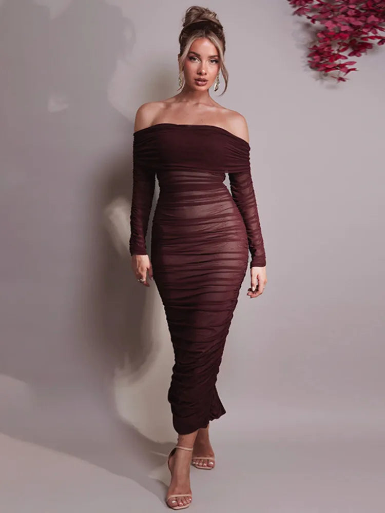 Women Off-shoulder Long Sleeve Sexy Maxi Strapless Backless Bodycon Ruched Party Long Dress