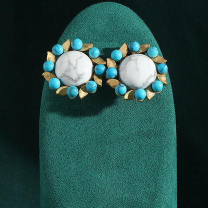 Vintage White Natural Stone Flower Shape Stud Blue Flower Antique Earrings
